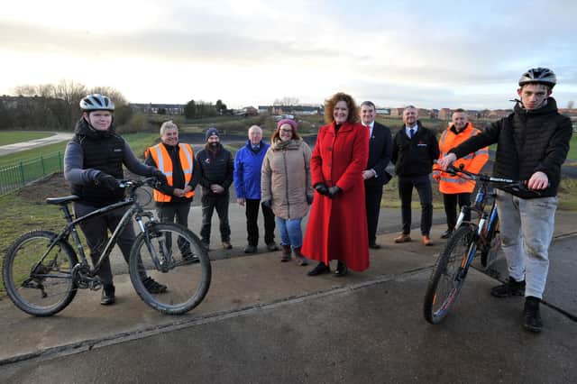 Cllr Linda Williams with Hetton ward councillors, Cllr James Blackburn, Cllr Clair Rowntree and Cllr Iain Scott at the newly improved BMX track at Hetton Lyons Country Park -