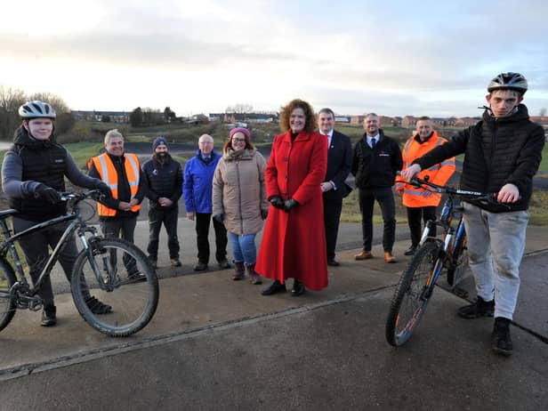 Cllr Linda Williams with Hetton ward councillors, Cllr James Blackburn, Cllr Clair Rowntree and Cllr Iain Scott at the newly improved BMX track at Hetton Lyons Country Park -