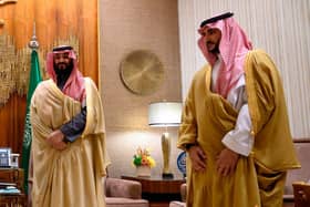Saudi Arabia's Crown Prince Mohammed bin Salman (L) and Saudi Deputy Defence Minister Khalid Bin Salman await ahead of their meeting with the US Secretary of State at Irqah Palace in Riyadh on February 20, 2020. (Photo by ANDREW CABALLERO-REYNOLDS / POOL / AFP) (Photo by ANDREW CABALLERO-REYNOLDS/POOL/AFP via Getty Images)