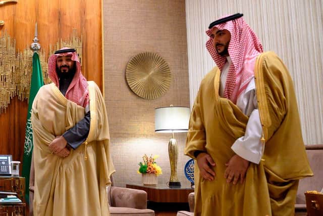 Saudi Arabia's Crown Prince Mohammed bin Salman (L) and Saudi Deputy Defence Minister Khalid Bin Salman await ahead of their meeting with the US Secretary of State at Irqah Palace in Riyadh on February 20, 2020. (Photo by ANDREW CABALLERO-REYNOLDS / POOL / AFP) (Photo by ANDREW CABALLERO-REYNOLDS/POOL/AFP via Getty Images)