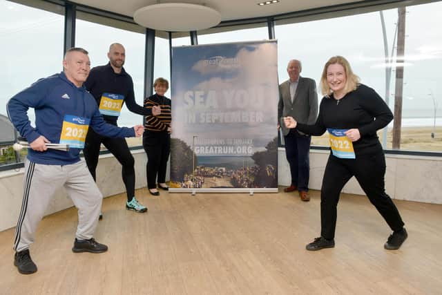 Craig at the Ballot launch for the Great North Run 2022. From left blind runner Billy Burrell, fundraiser runner Craig Huddart, Leader of South Tyneside Council Cllr Tracey Dixon, Sir Brendan Foster and Emma Lewell-Buck MP.