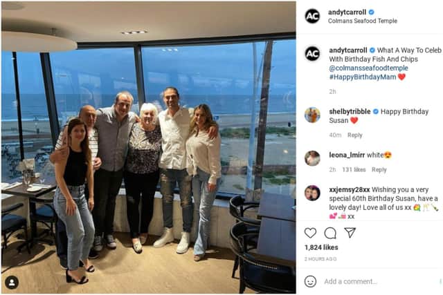 Newcastle United striker Andy Carroll and TOWIE fiancé Billie Mucklow enjoy a family meal at Colmans Seafood Temple in South Shields. Image: Andy Carroll/Instagram.