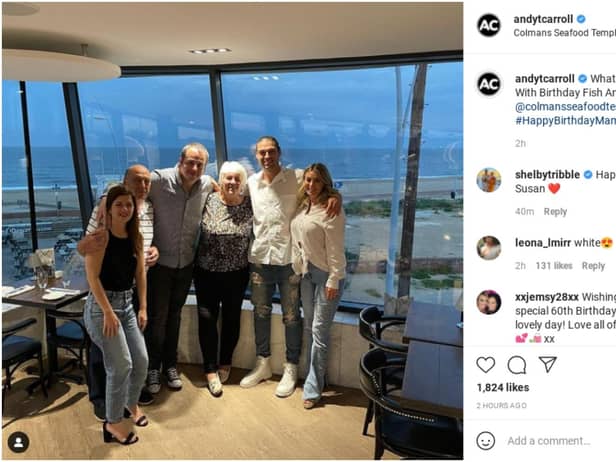Newcastle United striker Andy Carroll and TOWIE fiancé Billie Mucklow enjoy a family meal at Colmans Seafood Temple in South Shields. Image: Andy Carroll/Instagram.