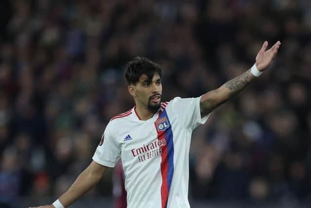 LONDON, ENGLAND - APRIL 07: Lucas Paqueta of Olympique Lyon during the UEFA Europa League Quarter Final Leg One match between West Ham United and Olympique Lyon at Olympic Stadium on April 07, 2022 in London, England. (Photo by Eddie Keogh/Getty Images)