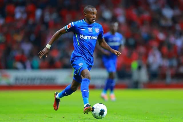 Moussa Diaby of Leverkusen drives the ball during the friendly match between Toluca and Bayer 04 Leverkusen at Nemesio Diez Stadium on May 17, 2022 in Toluca, Mexico. (Photo by Hector Vivas/Getty Images)