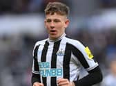 Newcastle player Jay Turner-Cooke in action during the friendly match between Newcastle United and Rayo Vallecano  at St James' Park on December 17, 2022 in Newcastle upon Tyne, England. (Photo by Stu Forster/Getty Images)