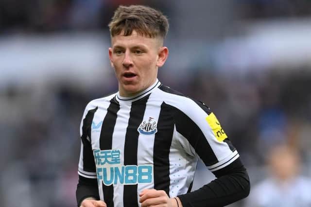 Newcastle player Jay Turner-Cooke in action during the friendly match between Newcastle United and Rayo Vallecano  at St James' Park on December 17, 2022 in Newcastle upon Tyne, England. (Photo by Stu Forster/Getty Images)