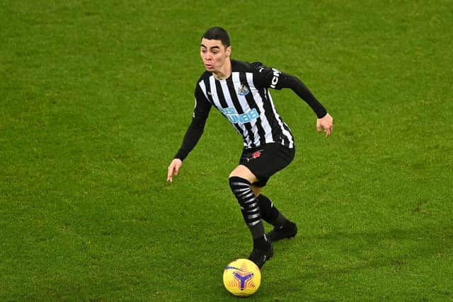 NEWCASTLE UPON TYNE, ENGLAND - FEBRUARY 02: Miguel Almiron of Newcastle in action during the Premier League match between Newcastle United and Crystal Palace at St. James Park on February 02, 2021 in Newcastle upon Tyne, England. Sporting stadiums around the UK remain under strict restrictions due to the Coronavirus Pandemic as Government social distancing laws prohibit fans inside venues resulting in games being played behind closed doors. (Photo by Stu Forster/Getty Images)