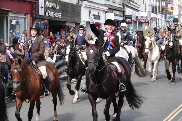 The cavalcade makes its way out of Berwick after receiving permission from the mayor to ride the bounds. Picture by Jane Coltman