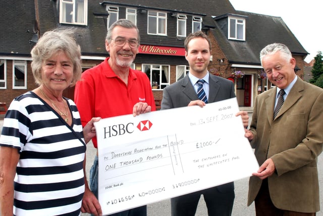 Whitecotes pub presented £1000 cheque to DAB after fundraisingin 2007. l-rL Landlady Maureen Davidson, landlord, Colin Davidson, alan McConville, Fundraising and marketing manager DAB and Barry Chilton, Fundraising Assistant DAB.