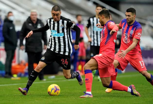 Newcastle United's Paraguayan midfielder Miguel Almiron (L) vies with Chelsea's Brazilian-Italian defender Emerson Palmieri during the English Premier League football match between Newcastle United and Chelsea at St James' Park in Newcastle-upon-Tyne, north east England on November 21, 2020. (Photo by Owen Humphreys / POOL / AFP) / RESTRICTED TO EDITORIAL USE. No use with unauthorized audio, video, data, fixture lists, club/league logos or 'live' services. Online in-match use limited to 120 images. An additional 40 images may be used in extra time. No video emulation. Social media in-match use limited to 120 images. An additional 40 images may be used in extra time. No use in betting publications, games or single club/league/player publications. / (Photo by OWEN HUMPHREYS/POOL/AFP via Getty Images)