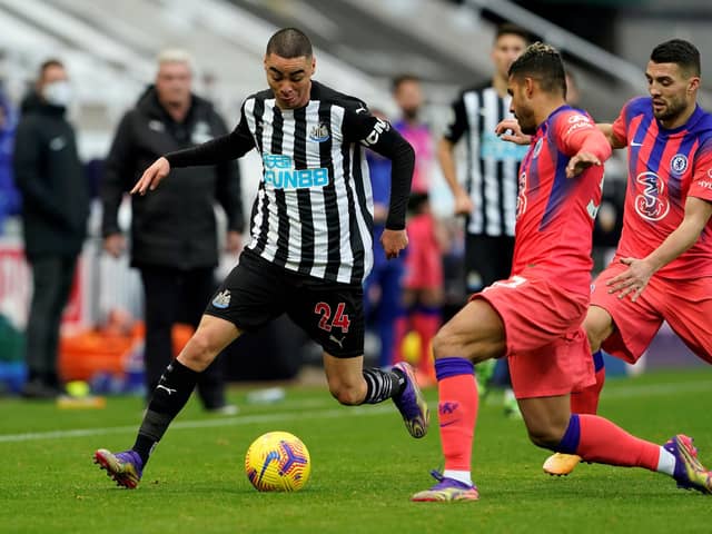 Newcastle United's Paraguayan midfielder Miguel Almiron (L) vies with Chelsea's Brazilian-Italian defender Emerson Palmieri during the English Premier League football match between Newcastle United and Chelsea at St James' Park in Newcastle-upon-Tyne, north east England on November 21, 2020. (Photo by Owen Humphreys / POOL / AFP) / RESTRICTED TO EDITORIAL USE. No use with unauthorized audio, video, data, fixture lists, club/league logos or 'live' services. Online in-match use limited to 120 images. An additional 40 images may be used in extra time. No video emulation. Social media in-match use limited to 120 images. An additional 40 images may be used in extra time. No use in betting publications, games or single club/league/player publications. /  (Photo by OWEN HUMPHREYS/POOL/AFP via Getty Images)