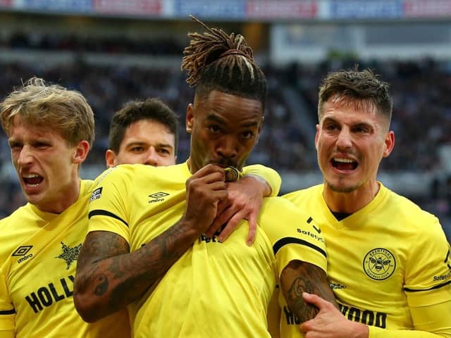 Ivan Toney celebrates scoring for Brentford against Newcastle United last season.