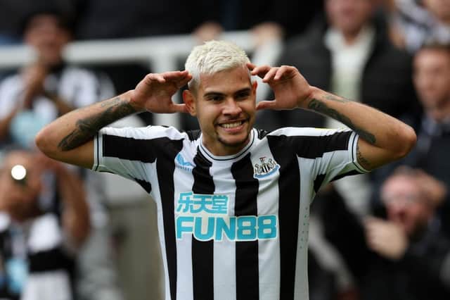 Newcastle United's Bruno Guimaraes celebrates his first goal against Brentford.
