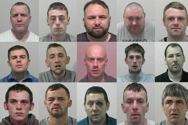 From top row, left to right: Andrew Pickering, 45, of Marx Crescent, South Stanley, jailed for 24 months on November 25; Jordan Lawson, 26, of Ruskin Road, Swalwell, jailed for 876 days on November 2; David Hawkes; Kevin Cairns, 37, of Eastbourne Avenue, Gateshead, jailed for three years on January 21; Gary Beaton, 28, of no fixed abode, jailed for seven years and six months on August 27; Jordan Dixon; Jeffrey Stoker, 33, of Seventh Avenue, Blyth, jailed for 32 months on November 11; Andrew Haikney; David Hall, 32, of Hawthorn Terrace, Elswick, jailed for three years on November 18; Christopher Hearn, 33, of no fixed abode, jailed for 876 days on December 23; Mark Fada; Steven Lamb; Robert Nicholson, 39, of Dunholme Road, Newcastle, jailed for six years on January 12; Michael Clamp, 36, of Chestnut Avenue, Cowgate, jailed for 38 months on October 2; David Cox, 40, of Market Place, Morpeth, jailed for 876 days on September 29.