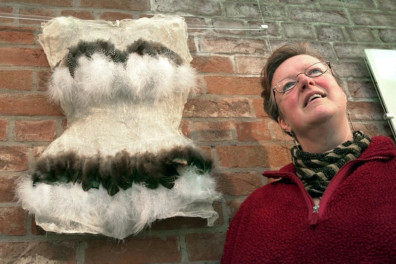 Jan Flamank and one of her pieces of work. Her exhibition was on exhibition at the Point, Doncaster in February 2001