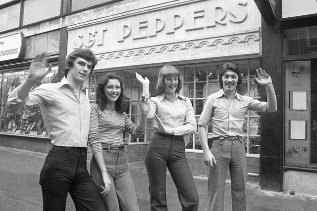 Sgt Pepper's was a well known shop in Maritime Place and here are the assistants outside their revamped shop in 1976., left to right: Stephen Barrass, Jenny Hutchinson, Christine Baldridge and Roy Bambrough.