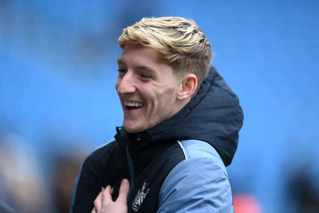 Newcastle United's Anthony Gordon at the Etihad Stadium ahead of his full debut.