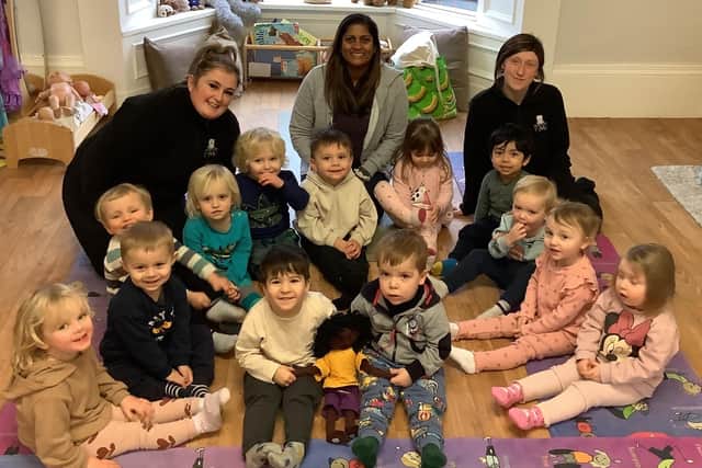 Yoga teacher Vanathi Webster with staff and youngsters are Nurserytime South Shields.