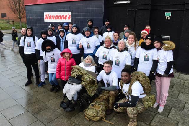 The group of charity walkers who completed the walk in memory of 19-year-old Steven Thompson.