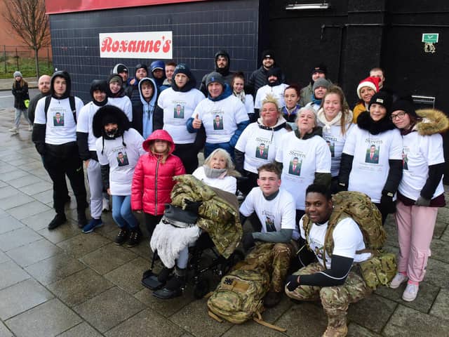 The group of charity walkers who completed the walk in memory of 19-year-old Steven Thompson.