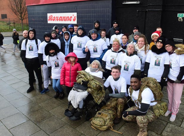 The group of charity walkers who completed the walk in memory of 19-year-old Steven Thompson.