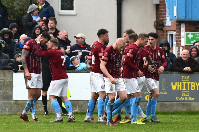 South Shields players celebrate Tom Broadbent's goal (Photo credit: Kev Wilson)