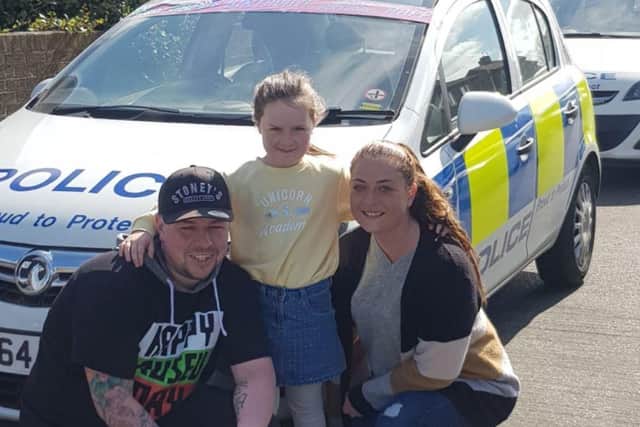 South Shields youngster Hope was visited by officers from the Harton neighbourhood team to mark her seventh birthday. 
Image by Northumbria Police.