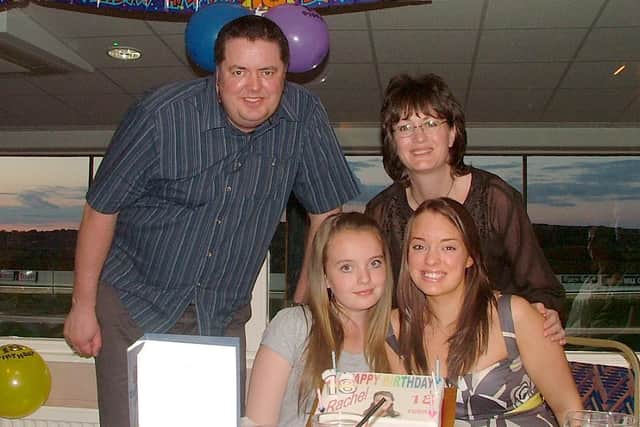 Rachel on her 18th birthday with mum Sue, dad Peter and sister Kate.