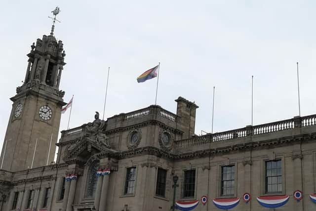 The  Progress Pride Flag flying above South Shields Town Hall.