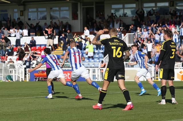 Hartlepool United's Jamie Sterry celebrates after scoring their first goal during the Sky Bet League 2 match between Hartlepool United and Bristol Rovers at Victoria Park, Hartlepool on Saturday 11th September 2021. (Credit: Mark Fletcher | MI News)