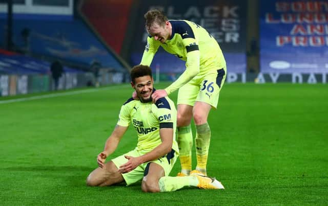 Joelinton celebrates his first Premier League goal of the season.