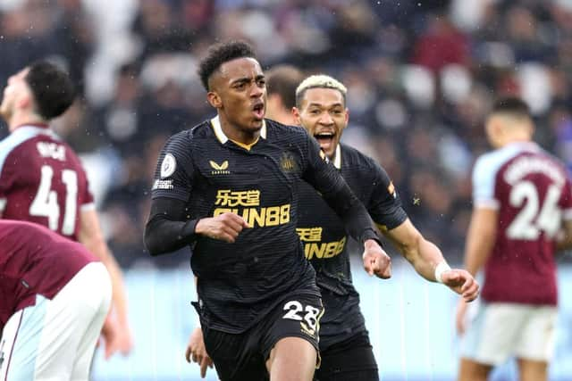 Joe Willock celebrates is goal against West Ham United.