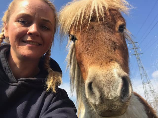 Laura Burnett, farm project officer and Spirit the Shetland pony.