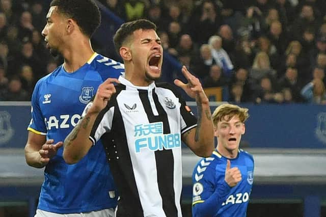 Newcastle United's Brazilian midfielder Bruno Guimaraes reacts to a missed chance during the English Premier League football match between Everton and Newcastle United at Goodison Park in Liverpool, north west England on March 17, 2022.(Photo by ANTHONY DEVLIN/AFP via Getty Images)