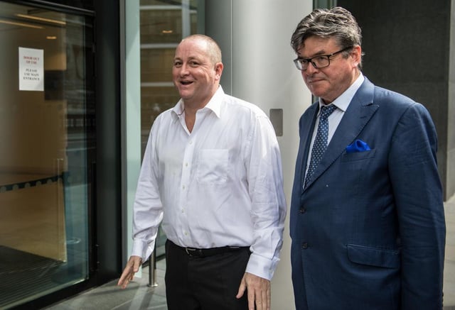 Owner of Sports Direct and Newcastle United, Mike Ashley (L), arrives at the High Court on July 10, 2017 in London, England. Mr Ashley is defending himself against a lawsuit filed by former business associate Jeff Blue.
