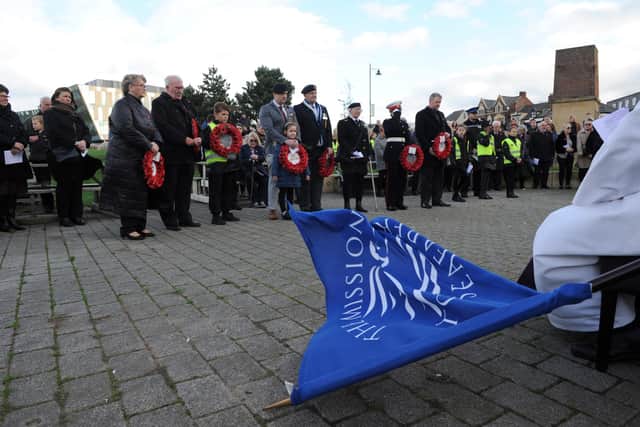 South Tyneside Council Leader Cllr Tracey Dixon attends Armistice Day Service at the Misson to Seafarer's Seamans Memorial, Mill Dam, South Shields.