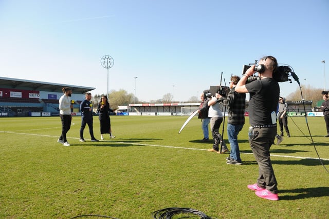 Camera crews and sound engineers are on hand as Alex Scott, Ashley Williams and Kevin Phillips go through their paces