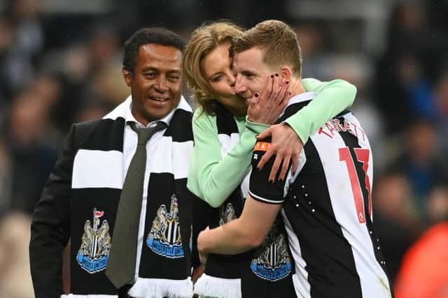 Newcastle United co-owner Amanda Staveley embraces on-loan defender Matt Targett in May.