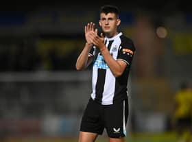 Kell Watts of Newcastle looks on during the pre-season friendly between Burton Albion and Newcastle United at the Pirelli Stadium on July 30, 2021 in Burton-upon-Trent, England. (Photo by Michael Regan/Getty Images)