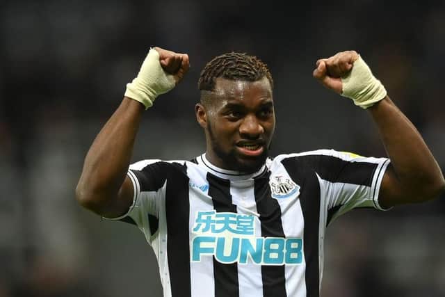 Newcastle player Allan Saint-Maximin celebrates after the Carabao Cup Fourth Round match between Newcastle United and AFC Bournemouth at St James' Park on December 20, 2022 in Newcastle upon Tyne, England. (Photo by Stu Forster/Getty Images)