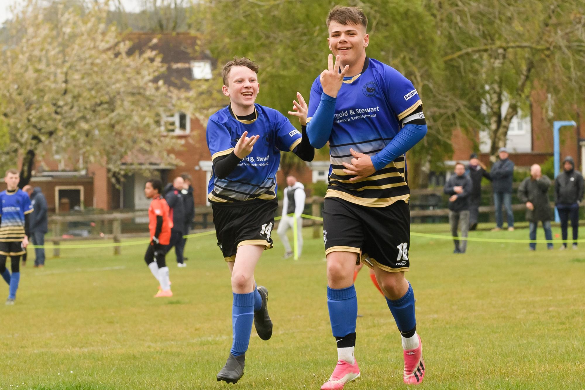 A Paulsgrove under-14s player celebrates netting in his side's thumping 6-1 victory against AFC Portchester Castles under-14s. Picture: Keith Woodland (080521-229)