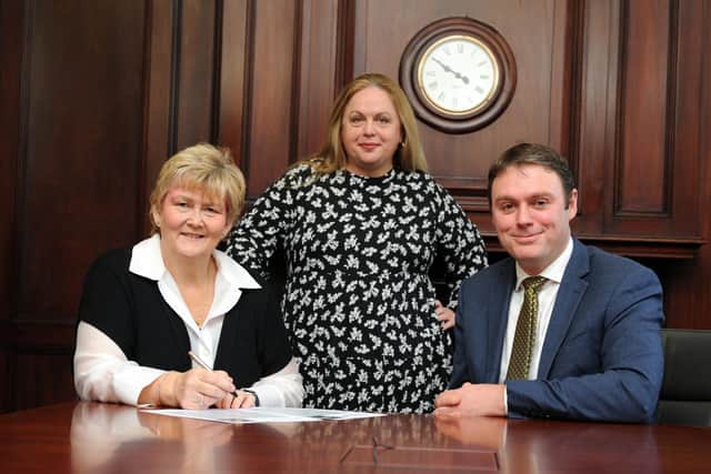 South Tyneside Council Leader Cllr Tracey Dixon and Chief Executive sign the Filming Friendly Charter with North East Screen's Chief Executive Alison Gwynn.