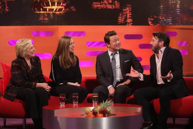 (left to right) Hillary Clinton, Chelsea Clinton, Jamie Oliver and David Mitchell during the filming for the Graham Norton Show at BBC Studioworks 6 Television Centre, Wood Lane, London, to be aired on BBC One on Friday evening. PA Photo.