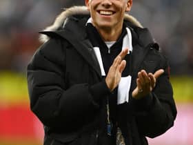 Newcastle United signing Harrison Ashby applauds the fans as he is presented prior to the Carabao Cup Semi Final 2nd Leg match between Newcastle United and Southampton at St James' Park on January 31, 2023 in Newcastle upon Tyne, England. (Photo by Gareth Copley/Getty Images)