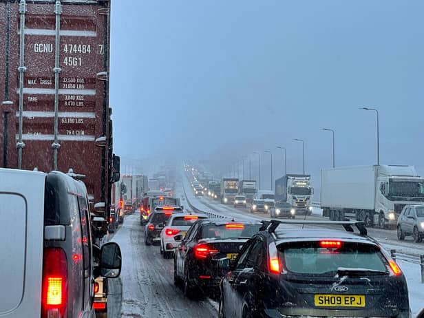 Traffic at a standstill on the M62 motorway near Kirklees, West Yorkshire, due to heavy snow in the area. (Photo credit: PA Wire)