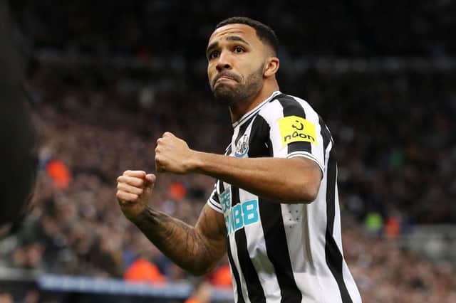 NEWCASTLE UPON TYNE, ENGLAND - FEBRUARY 04: Callum Wilson of Newcastle United celebrates after scoring the team's first goal during the Premier League match between Newcastle United and West Ham United at St. James Park on February 04, 2023 in Newcastle upon Tyne, England. (Photo by George Wood/Getty Images)