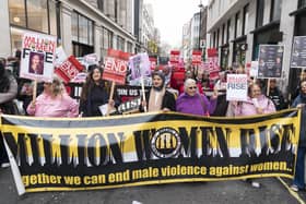 A Million Women Rise banner at the front of a march during the annual Million Women Rise march last weekend in London ahead of International Women's Day, calling out men's violence against women. Photo by Denise Laura Baker/Getty Images