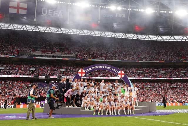 England players celebrate with the UEFA Women’s Euro 2022 Ttophy after their side's victory. Picture: Naomi Baker/Getty Images.