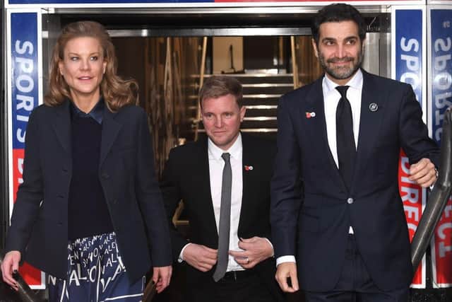Newcastle United head coach Eddie Howe with co-owners Amanda Staveley and Mehrdad Ghodoussi last November.